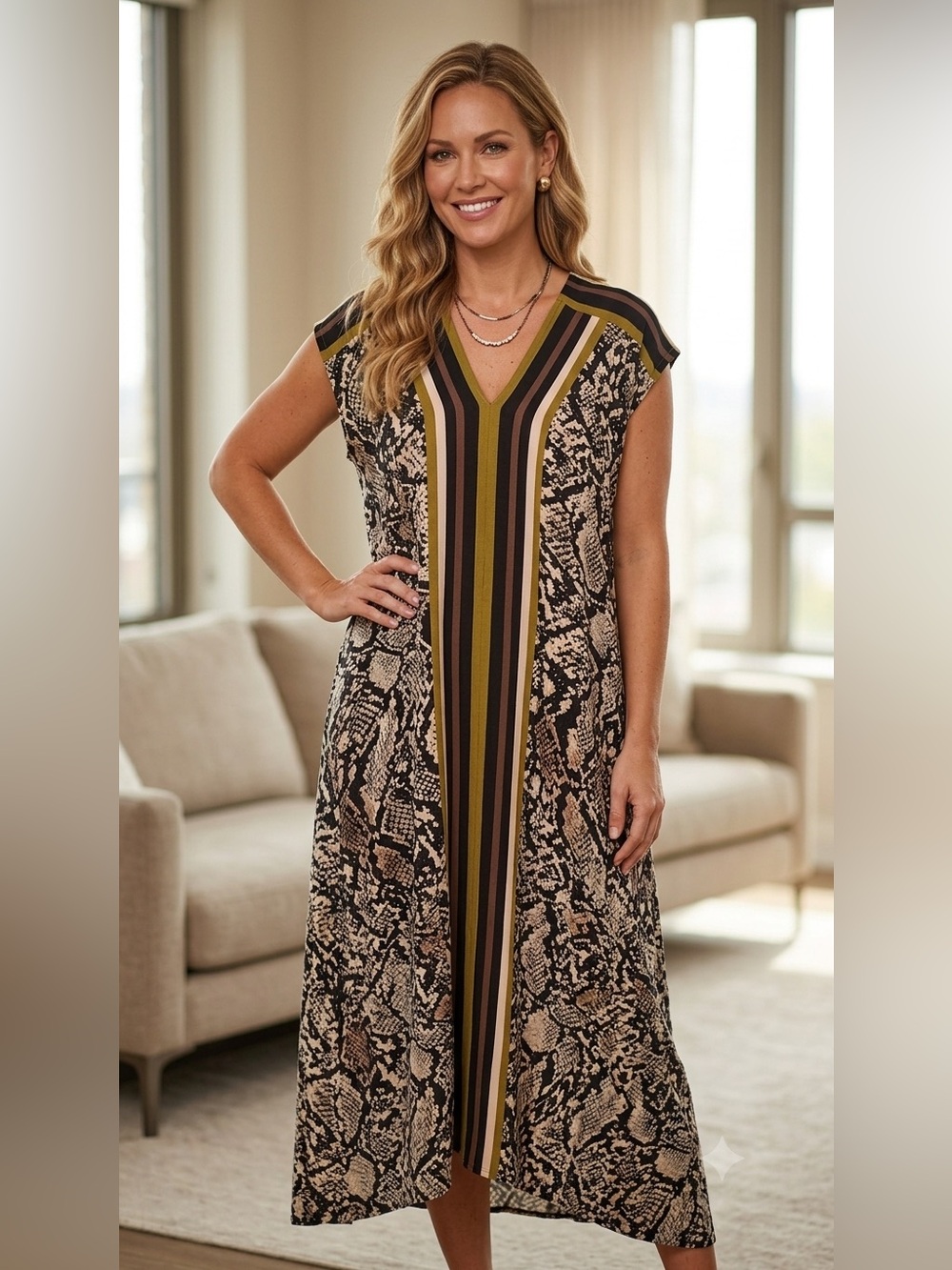 Worthington Women’s Animal Snake Print Maxi Dress Size L Caftan Shift Bohemian
